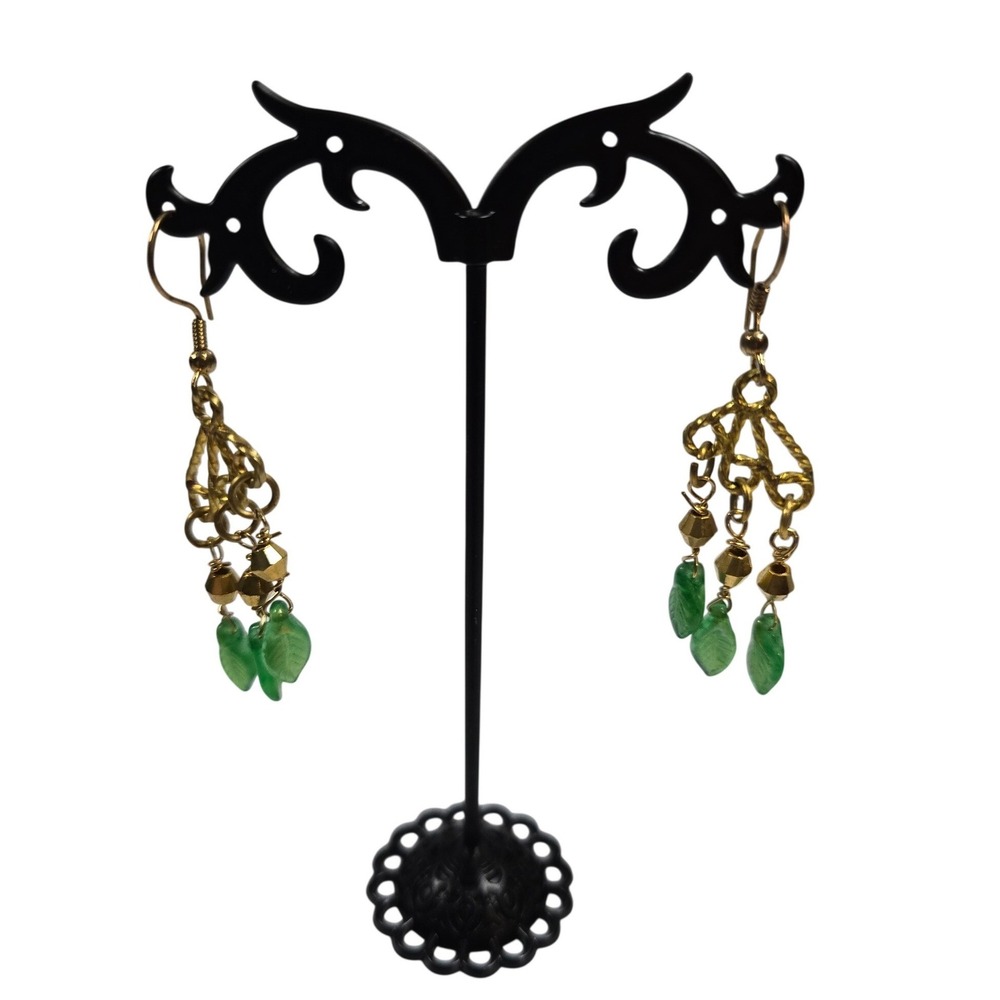 Gold Tone Green Leaf Chandelier Earrings Boho Filigree Dangle‎ Drop Jewelry